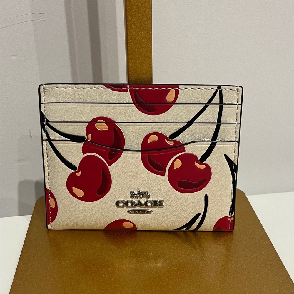 COACH Cream Card Case with Red Cherry Print